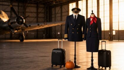 Navy captain uniform and flight attendant uniform with red scarf on dress forms with rolling suitcases and a pumpkin in an aircraft hangar