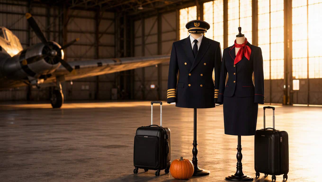 Navy captain uniform and flight attendant uniform with red scarf on dress forms with rolling suitcases and a pumpkin in an aircraft hangar