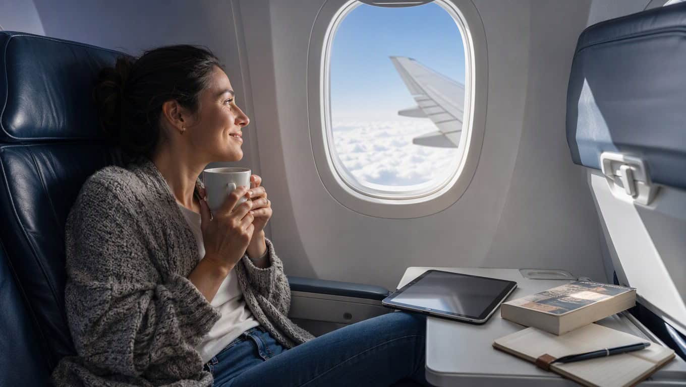 Adult traveler's tablet, paperback and notebook on an airplane tray table