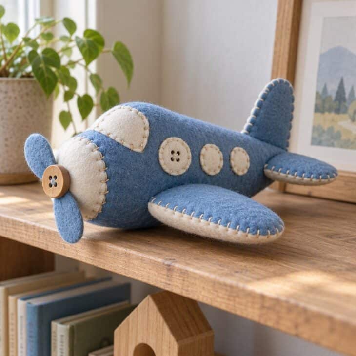 A small stuffed airplane sewn from blue and cream felt with a button window on a wooden shelf