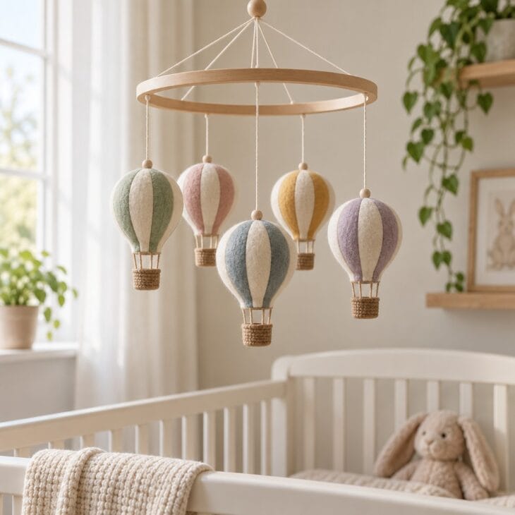 A felt mobile hangs well out of reach and gives a newborn something slow to watch.
