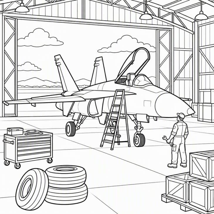 A busy hangar gives lots to color around the jet.