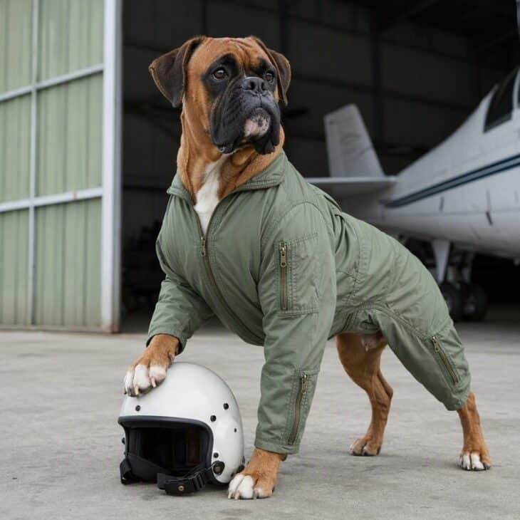 A boxer dog in a sage green flight suit with a small white helmet beside the front paw.