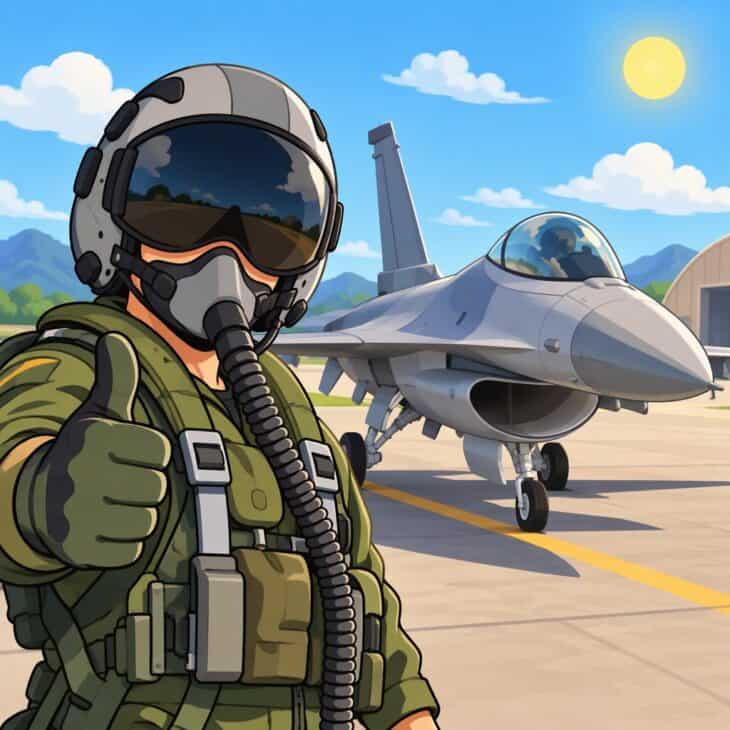 A cartoon pilot stands beside a sleek jet.