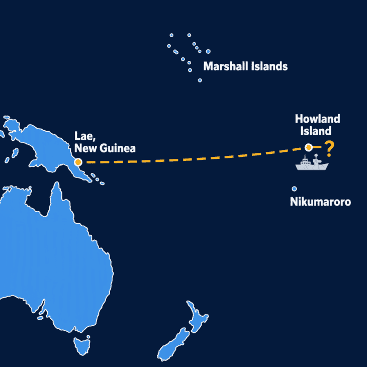 The final leg ran from Lae to Howland Island. Each theory puts the Electra in a different part of this map.