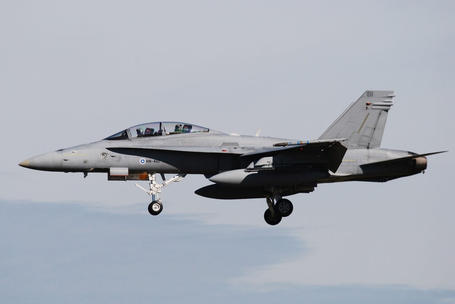 Finnish Air Force F/A-18 Hornet on final approach with landing gear down