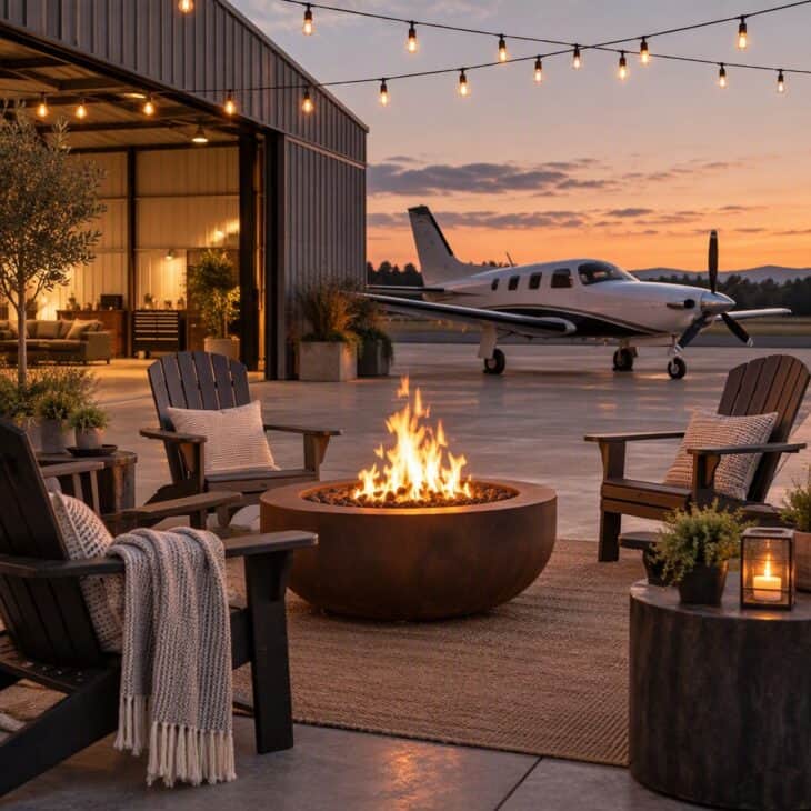 A fire pit by the apron gives fly-in evenings a focal point.