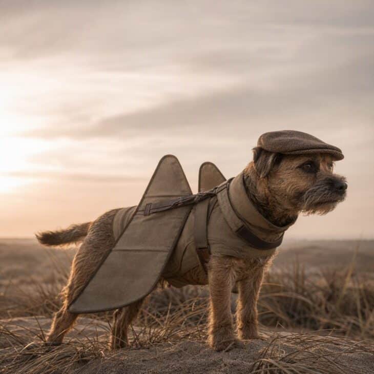 A small terrier in a flat cap and canvas coat with slim fabric wing panels across its back, on a sandy dune.