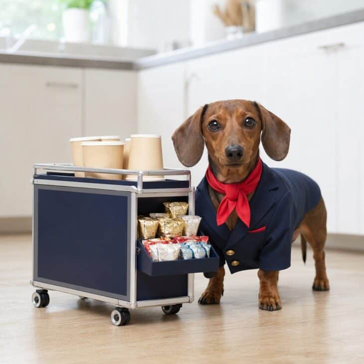 A dachshund in a navy cabin crew jacket and red neck scarf beside a miniature beverage cart.