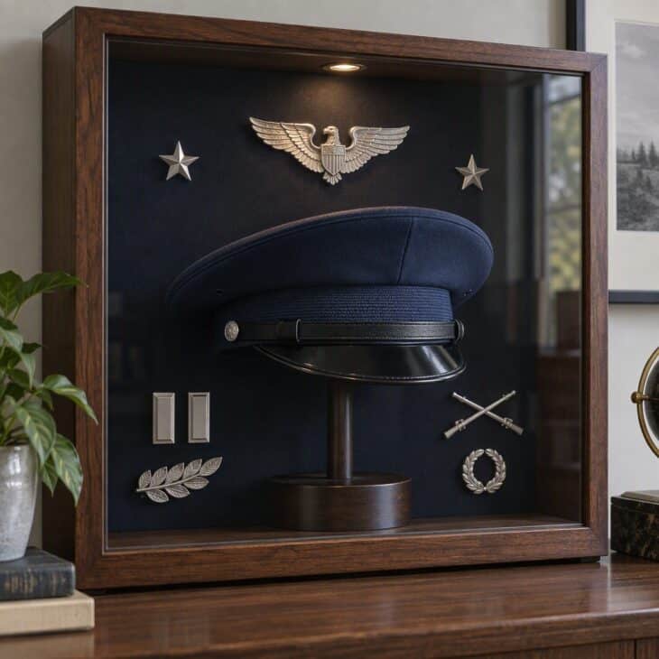 A cap-centered box needs extra depth to hold the hat.