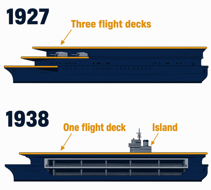 Akagi was completed with three stepped flight decks and no island, then rebuilt with one long deck from 1935 to 1938.