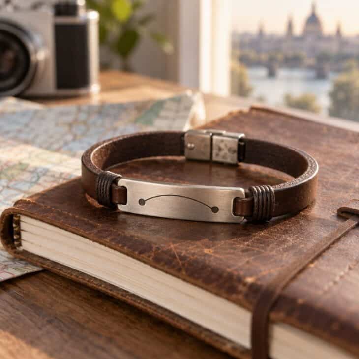 A flight-path bracelet pairs two places on a single plate.