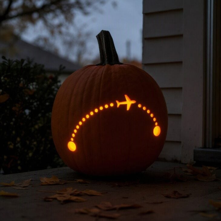 A round pumpkin with a glowing dotted arc between two circles and a small plane silhouette partway along it.