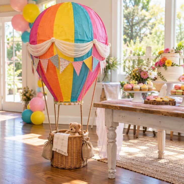 A floor-standing balloon is the showpiece next to the table.