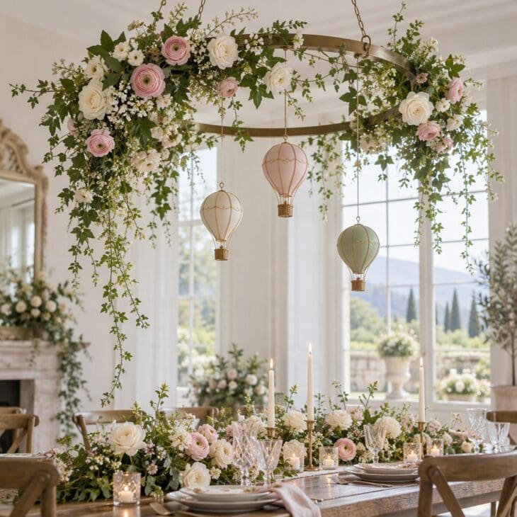 A floral hoop makes the table feel like a canopy.