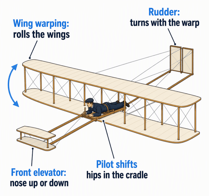 The Wrights' breakthrough was control: one hip cradle twisted the wings and turned the rudder together, while a hand lever worked the front elevator.