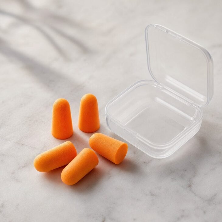 Orange foam earplugs beside a small clear travel case