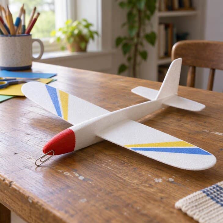 A lightweight foam sheet glider with a painted nose and a paperclip