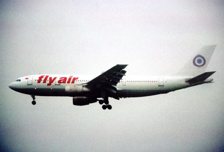 Fly Air Airbus A300 arriving in thick fog at Zurich airport