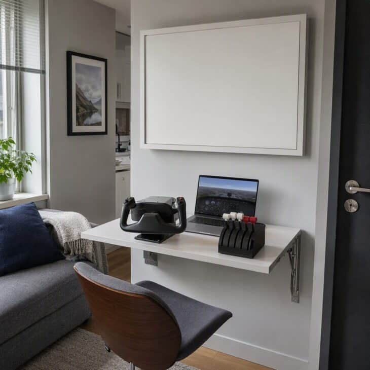A hinged wall desk turns a spare corner into a flight deck in seconds.