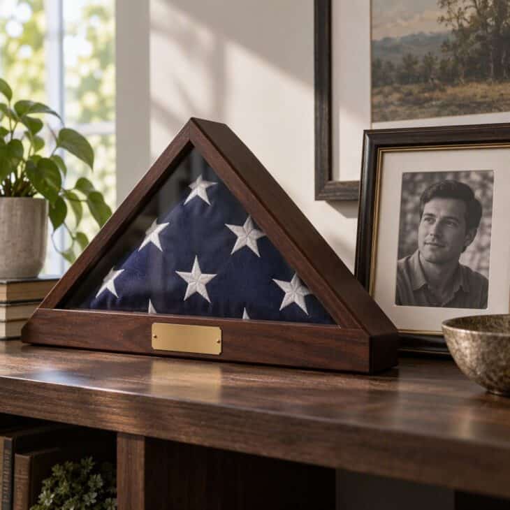 A folded flag in a glass case is the anchor of many military displays.