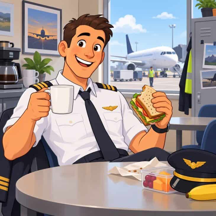 A pilot enjoys a break-room snack.