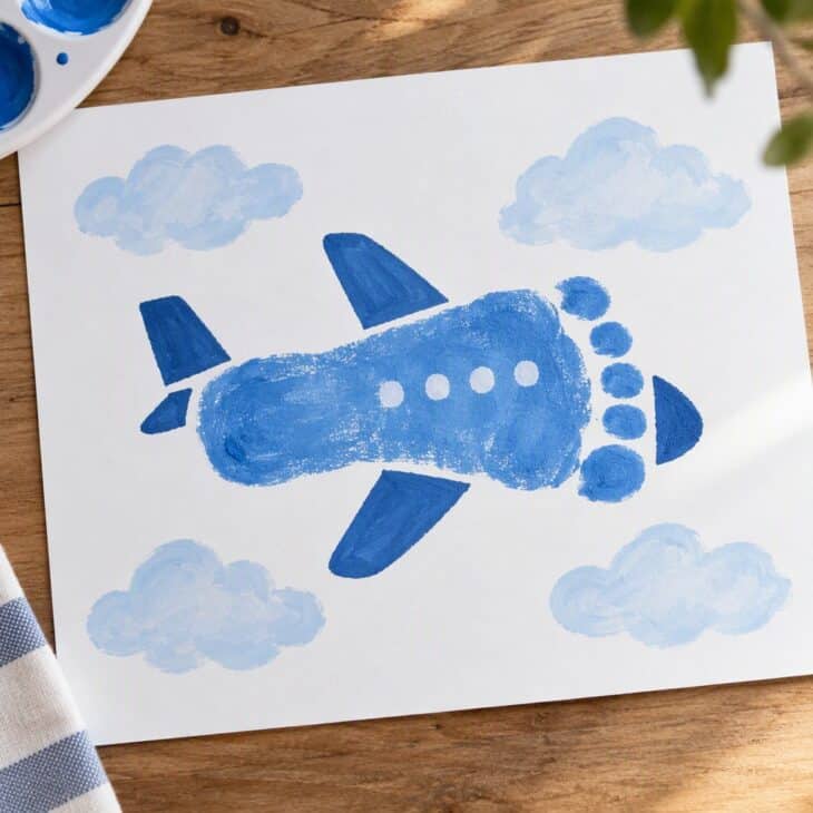 A baby footprint painted in blue on white paper turned into an airplane shape with a cloud background