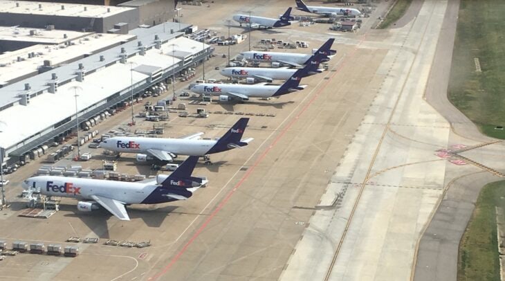FedEx aircraft lined up on the flight line at the Memphis hub