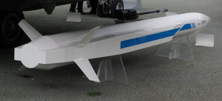 Full-scale mock-up of the ASMP-A nuclear cruise missile on a display stand at the Paris Air Show