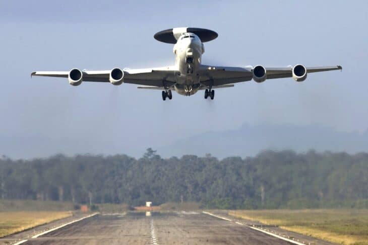 French E-3F Sentry AWACS taking off head-on from the runway at Avord
