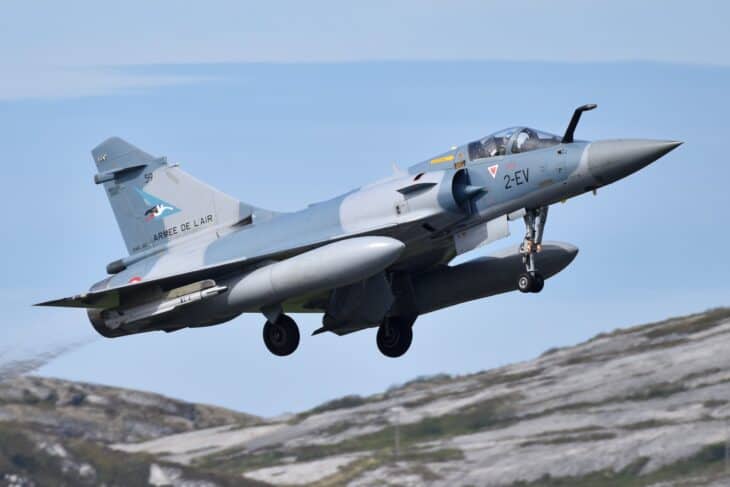 French Air Force Mirage 2000-5F 2-EV taking off with its landing gear still extended