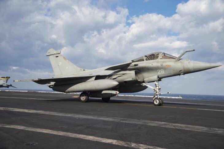 French Navy Rafale M rolling along a carrier flight deck