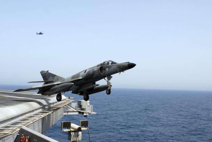 French Navy Dassault Super Etendard launching from a carrier catapult
