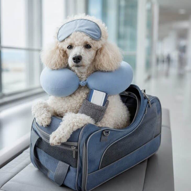A poodle wearing a neck pillow and a sleep mask pushed up on its forehead with a boarding pass at the collar.