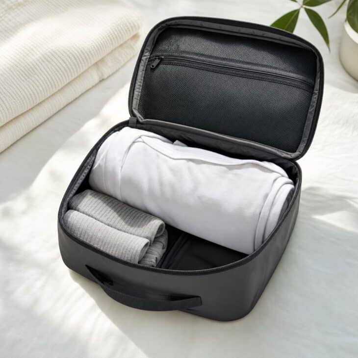 Rolled white t-shirt and socks inside an open packing cube