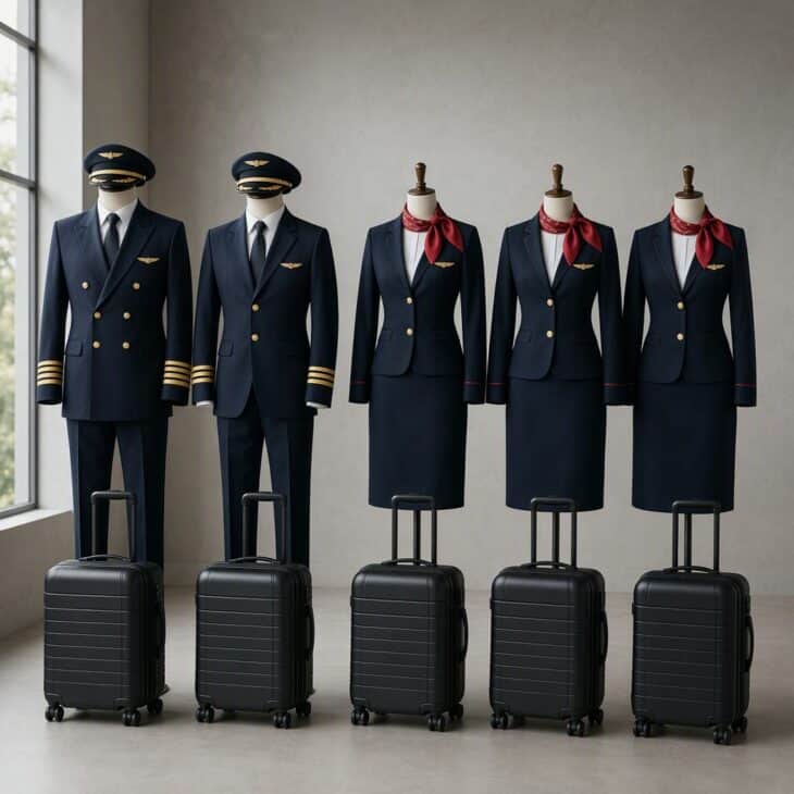 A captain, a first officer and three flight attendants in matching navy and red.