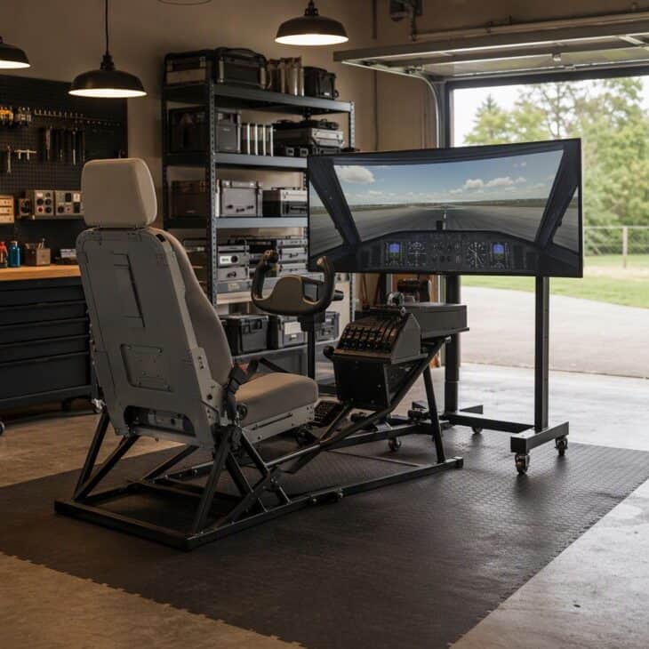 A spare garage bay can hold a full seat-and-screen cockpit.