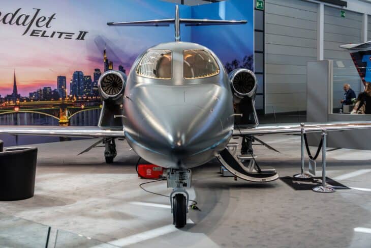 Head-on view of a HondaJet Elite II on display at Aero Friedrichshafen 2025