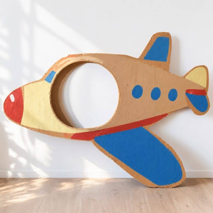 A large painted cardboard airplane cutout with a round window opening standing upright against a plain white wall