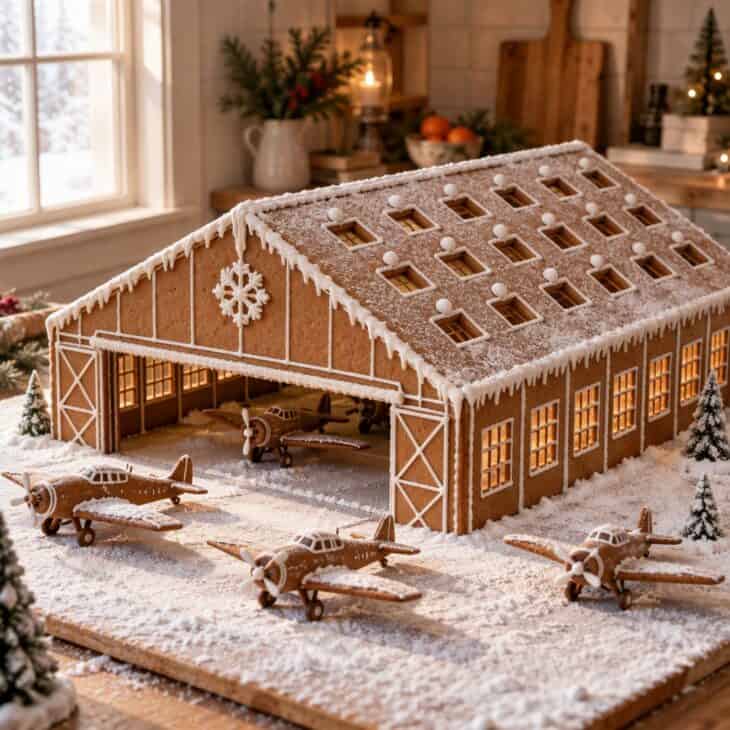 A gingerbread hangar with a plane parked outside.