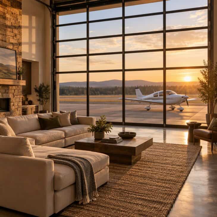 A glass hangar door turns the plane into the view.