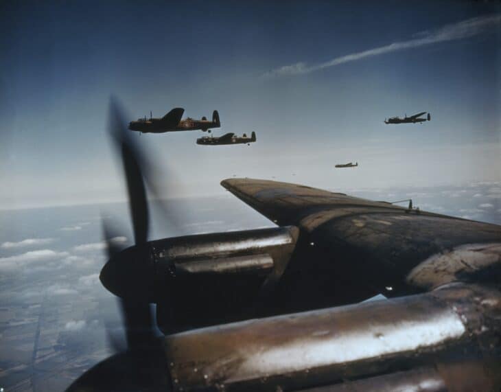 Avro Lancaster bombers flying in loose formation
