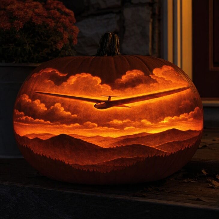 A wide pumpkin carved with a glowing long-winged glider soaring above carved hills and clouds.