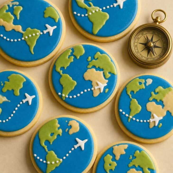 A dotted line across a blue globe tells a travel story in one cookie.
