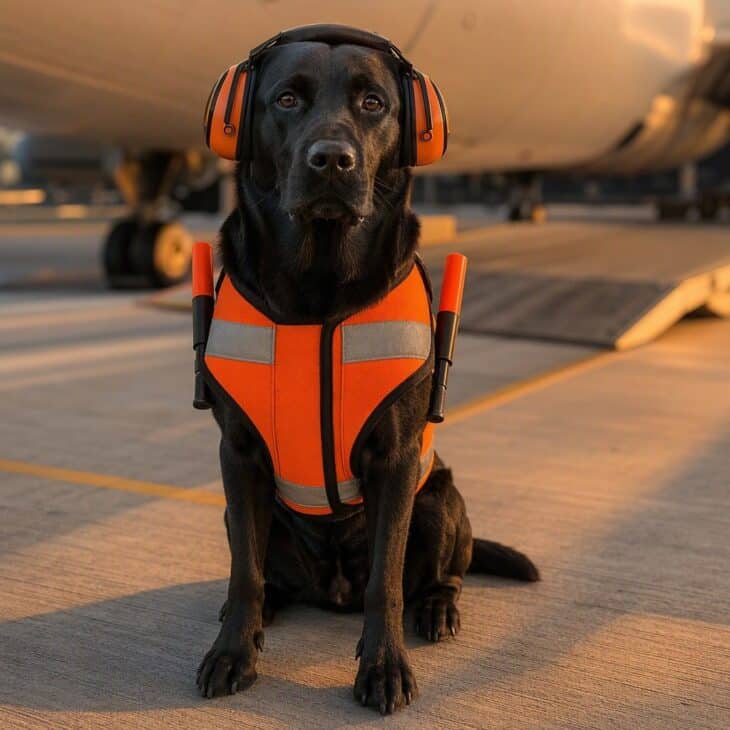 A black Labrador in a bright orange reflective vest with two orange paddle wands attached at the shoulders.