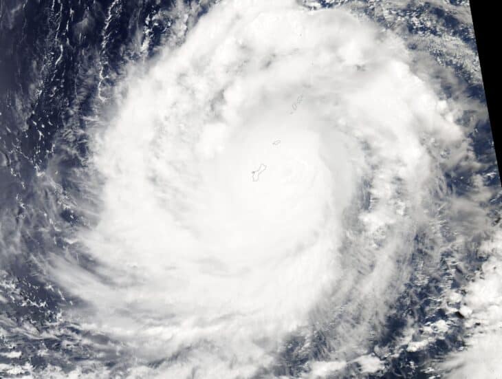 NASA MODIS satellite image of Super Typhoon Mawar over Guam in 2023