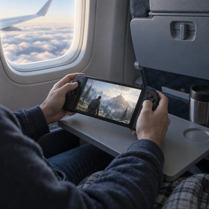 A full charge and a pre-downloaded library cover a long-haul flight.