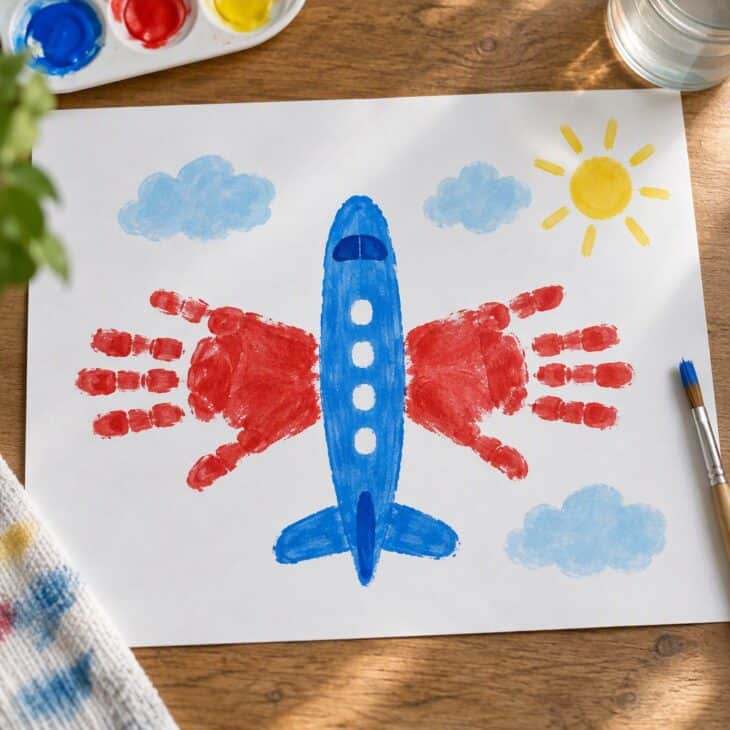 A child's painted handprint arranged as airplane wings on white paper with a simple painted fuselage