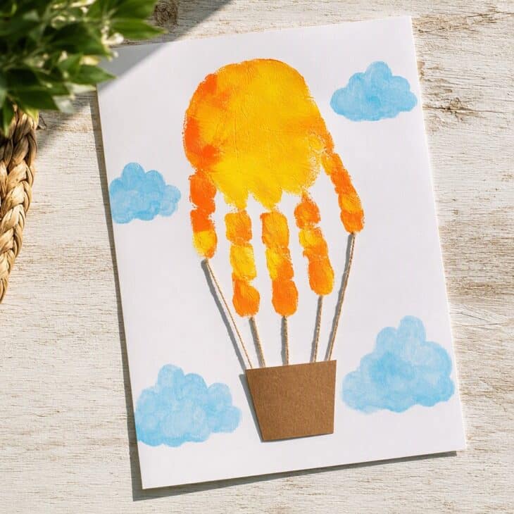 A painted palm becomes the balloon, and the fingers become the flames.