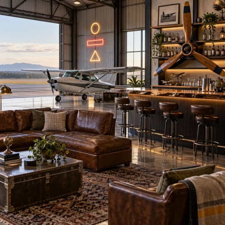 A hangar lounge turns the bay into a gathering spot.